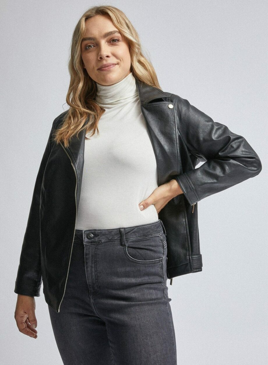 Black Pu Biker Jacket. Wearing Length Is Approximately 75Cm. 100% Polyurethane. Machine Washable.Model Is 5'10 (178Cm) And Wears A Size 18.