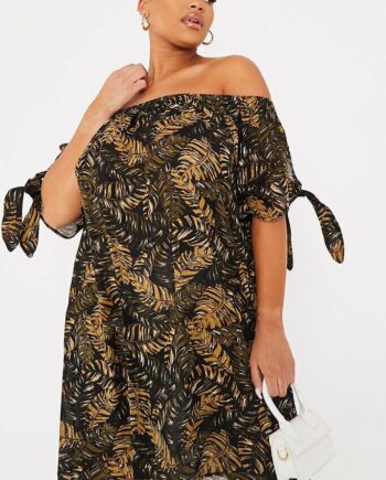 Brown Plus Size Jungle Print Tie Sleeve Bardot Dress - 18 / BROWN