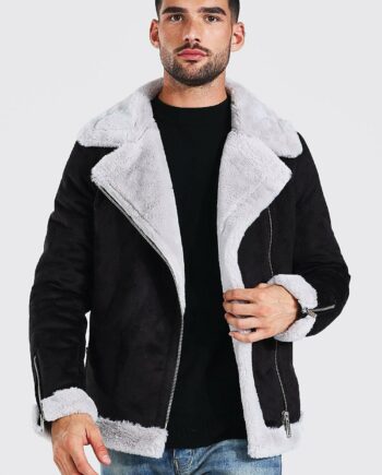 Mens Black Faux Fur Lined Suede Aviator Jacket, Black