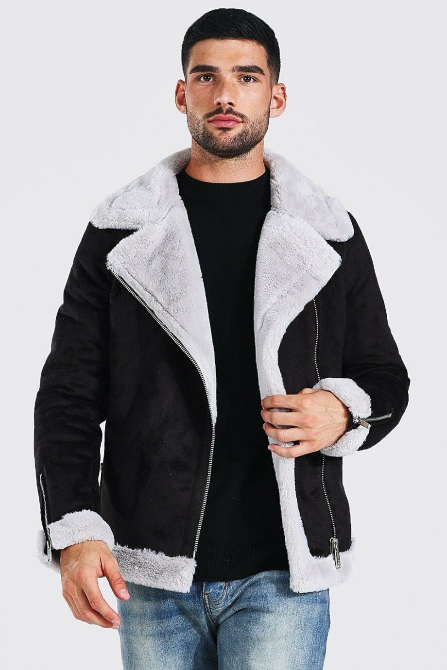 Mens Black Faux Fur Lined Suede Aviator Jacket, Black