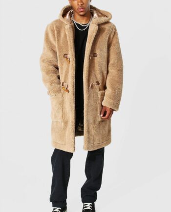 Mens Brown Borg Hooded Duffle Coat, Brown