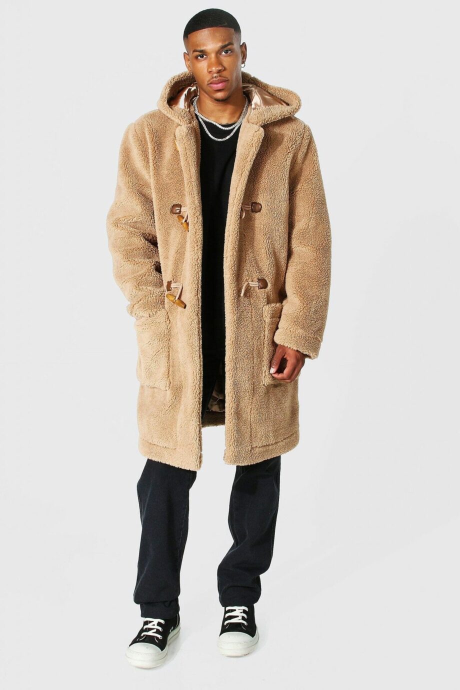 Mens Brown Borg Hooded Duffle Coat, Brown