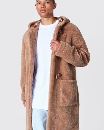 Mens Brown Tall Borg Hooded Duffle Coat, Brown