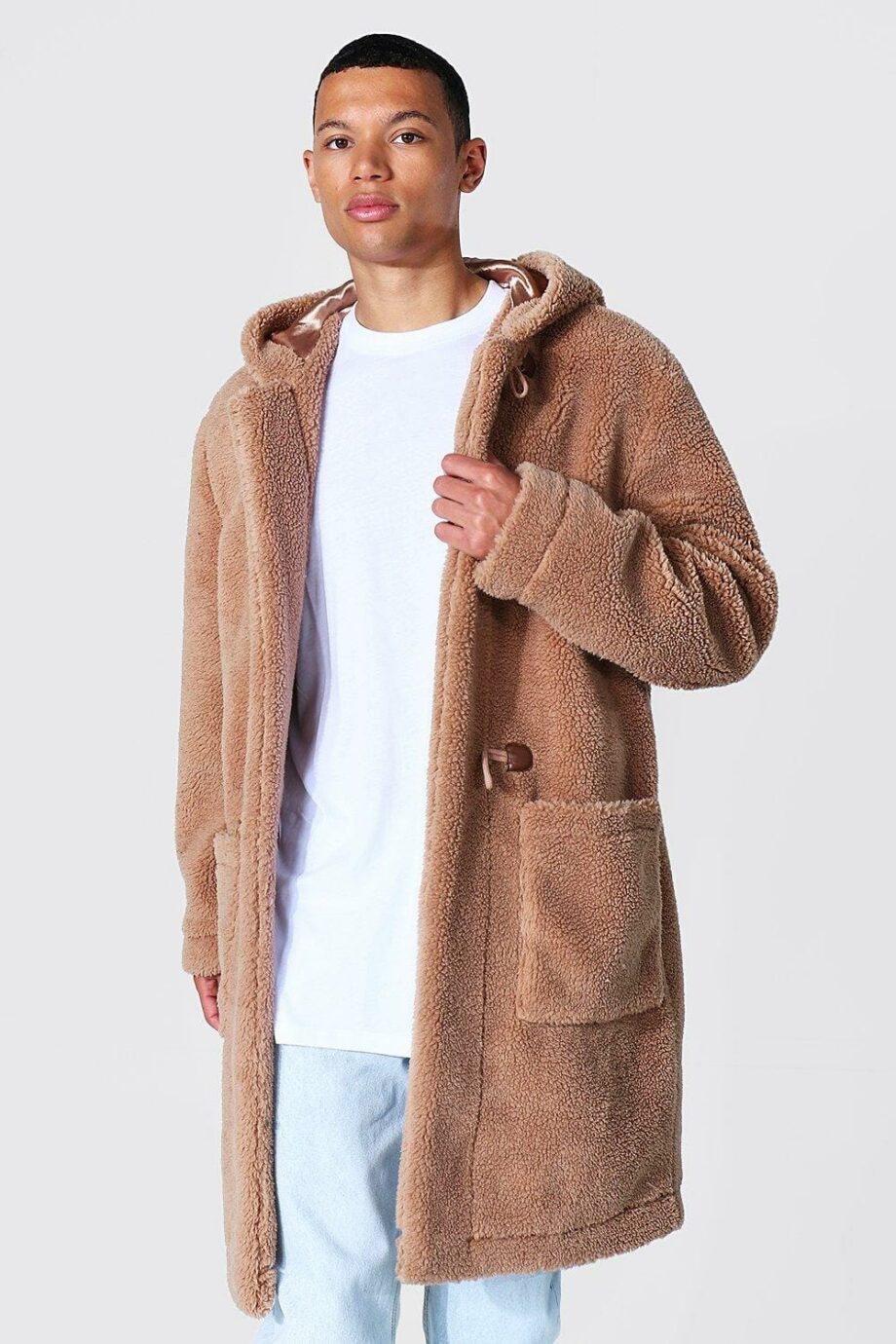 Mens Brown Tall Borg Hooded Duffle Coat, Brown