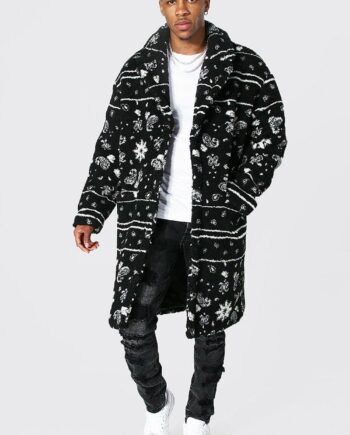 Mens Black Bandana Longline Borg Coat, Black