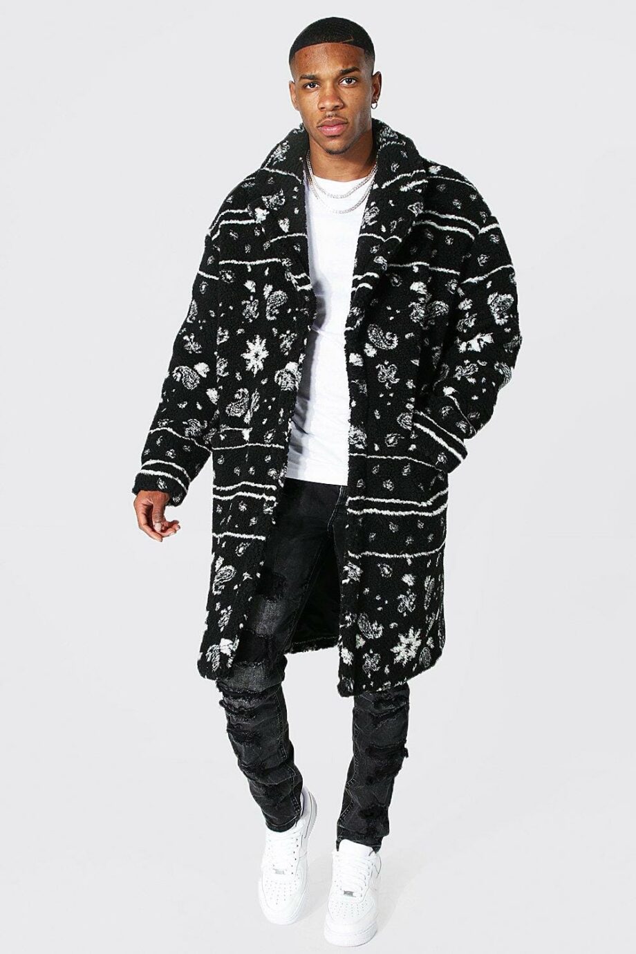 Mens Black Bandana Longline Borg Coat, Black