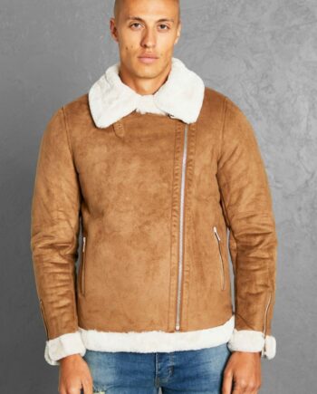 Mens Brown Faux Fur Lined Suede Aviator Jacket, Brown