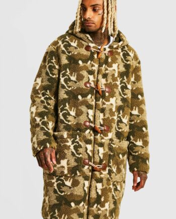 Mens Green Camo Borg Duffle Coat, Green