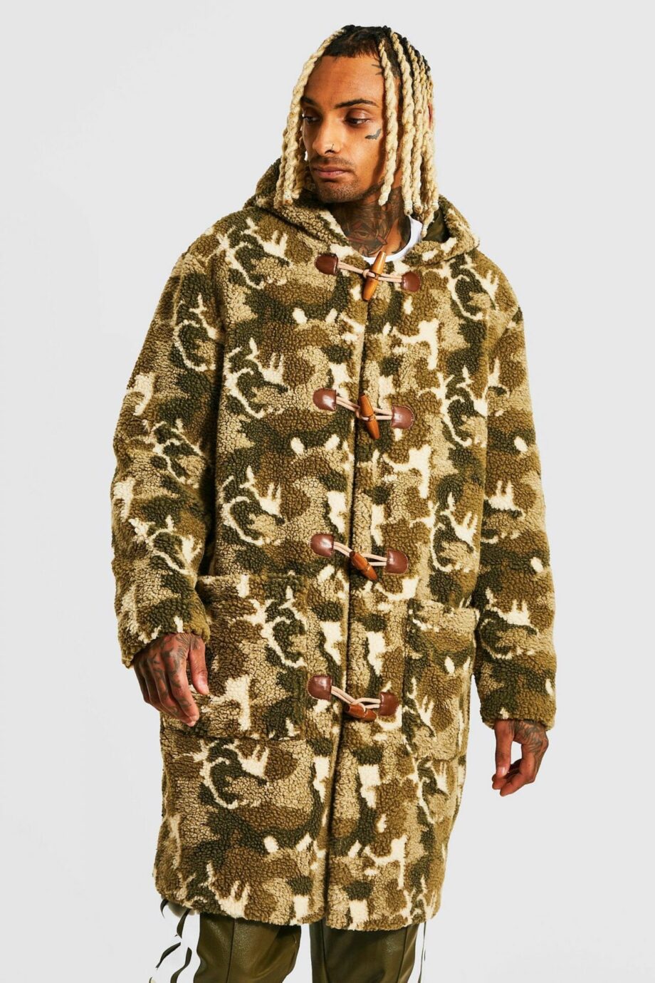 Mens Green Camo Borg Duffle Coat, Green
