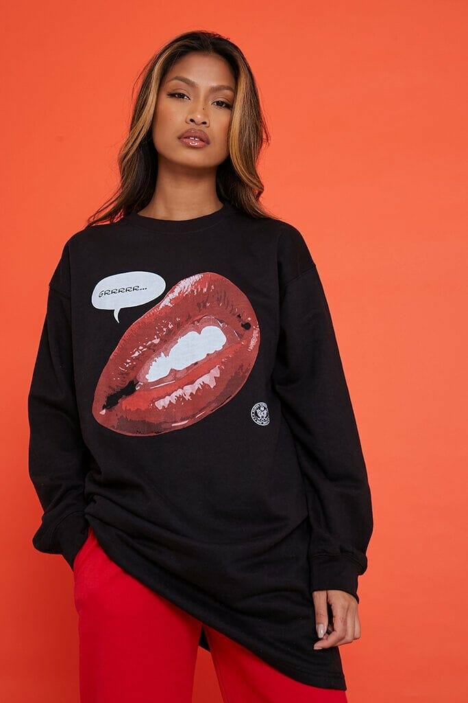 Artist Collaboration Black D13ego Grrr Lip Graphic Oversized Sweater Dress - XS / BLACK