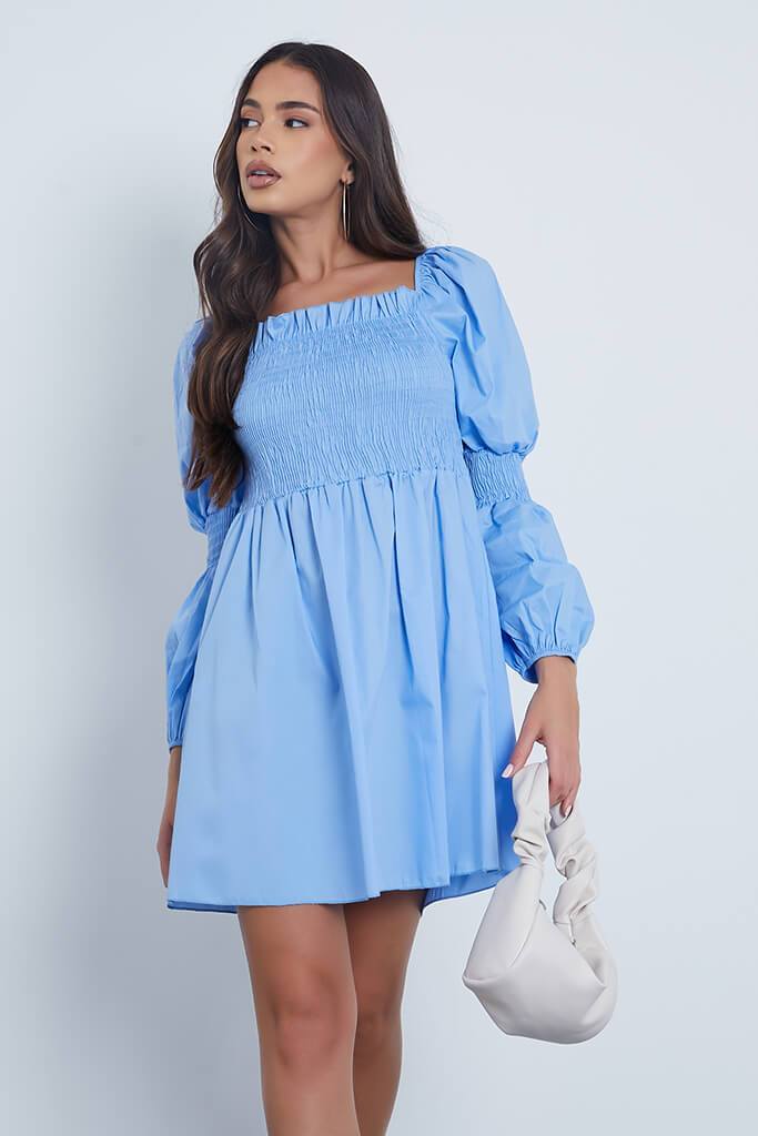 Baby Blue Woven Shirred Bust Bubble Sleeve Skater Dress - XS / BLUE