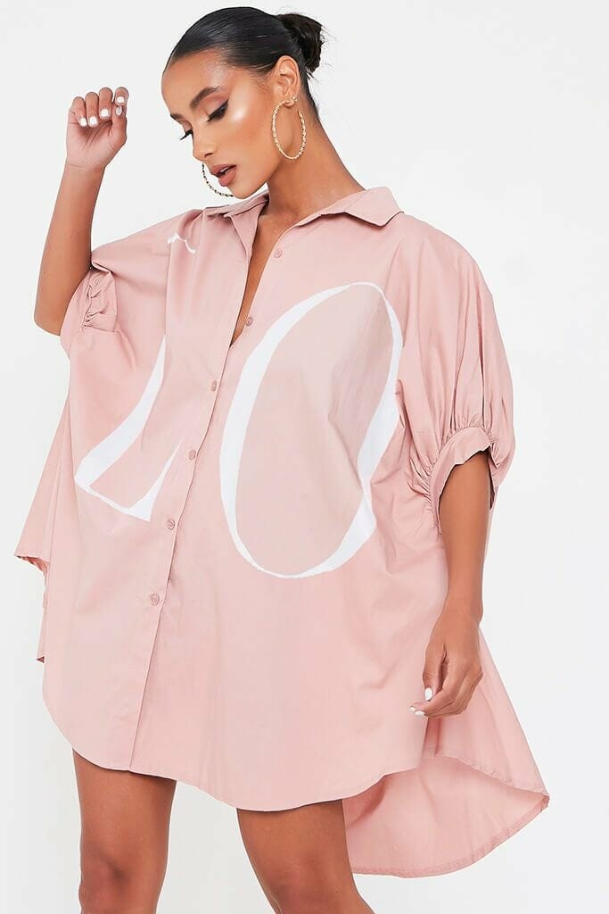 Baby Pink Oversized Printed Love Shirt Dress - S/M / PINK