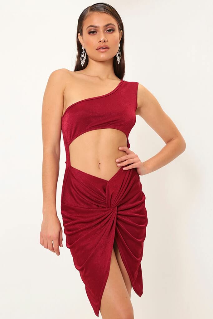 Berry One Shoulder Cut Out Ruched Mini Dress - 6 / RED