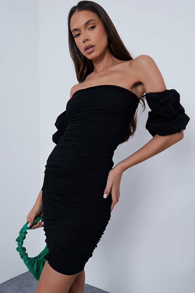 Black Bengaline Bardot Puff Sleeve Ruched Bodycon Dress - 4 / BLACK