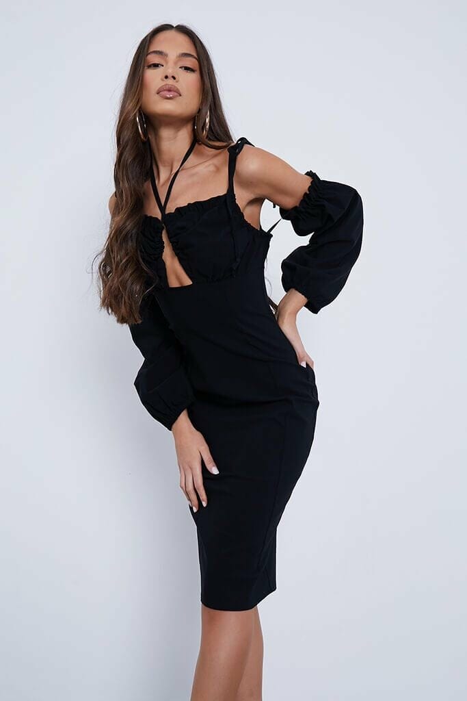 Black Bengaline Ruched Bust Cut Out Long Sleeve Midi Dress - 4 / BLACK