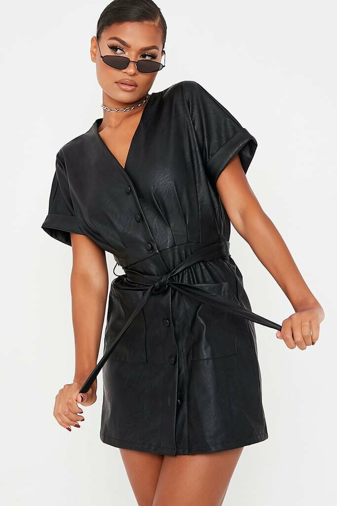 Black Faux Leather Short Sleeve Belted Utility Dress - 4 / BLACK