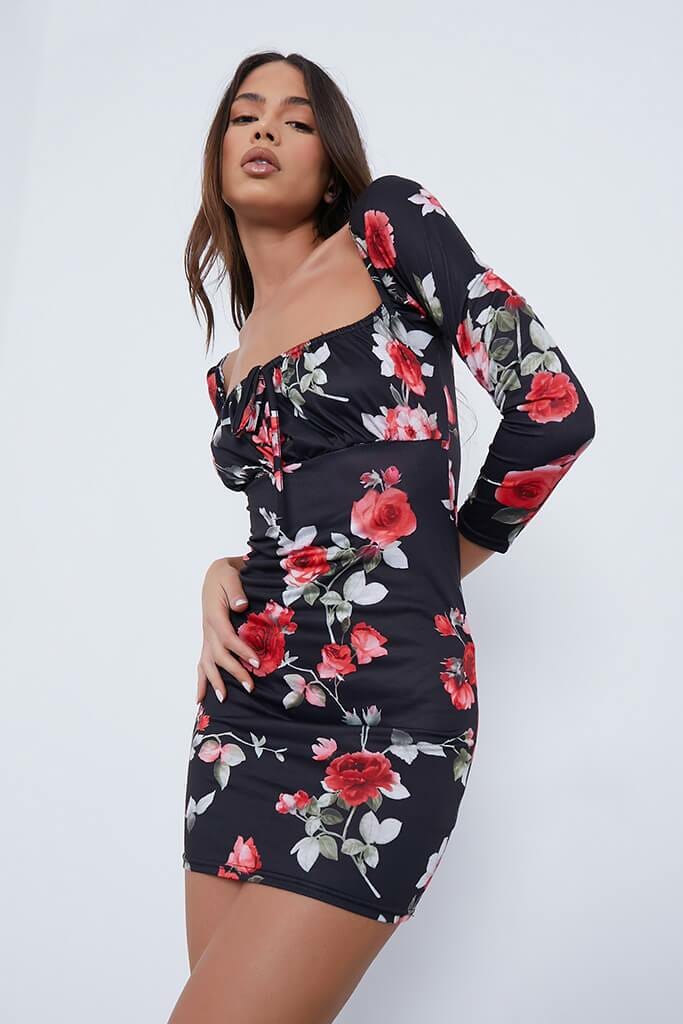 Black Floral Ruched Bust Long Sleeve Bodycon Dress - 4 / BLACK