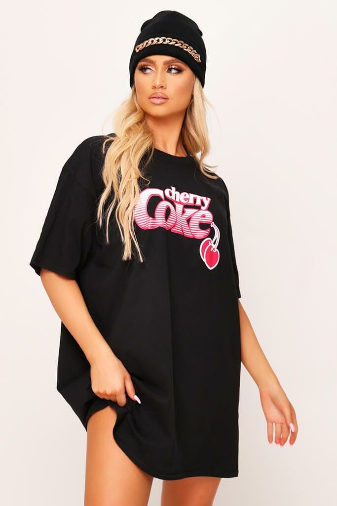Black Oversized Cherry Coke T-Shirt Dress - S/M / BLACK