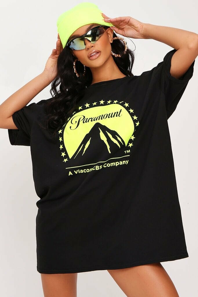 Black Oversized Paramount Neon T-Shirt Dress - S/M / BLACK
