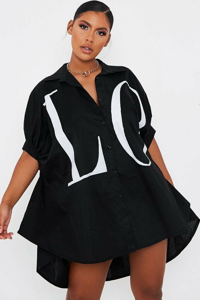 Black Oversized Printed Love Shirt Dress - S/M / BLACK