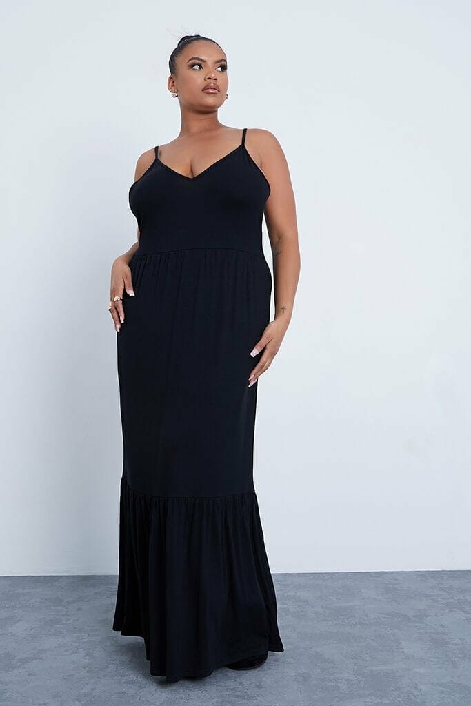 Black Plus Size Tiered Smock Maxi Dress - 18 / BLACK