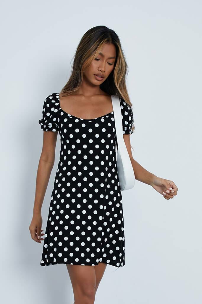 Black Polka Dot Puff Sleeve Tea Dress - 4 / BLACK