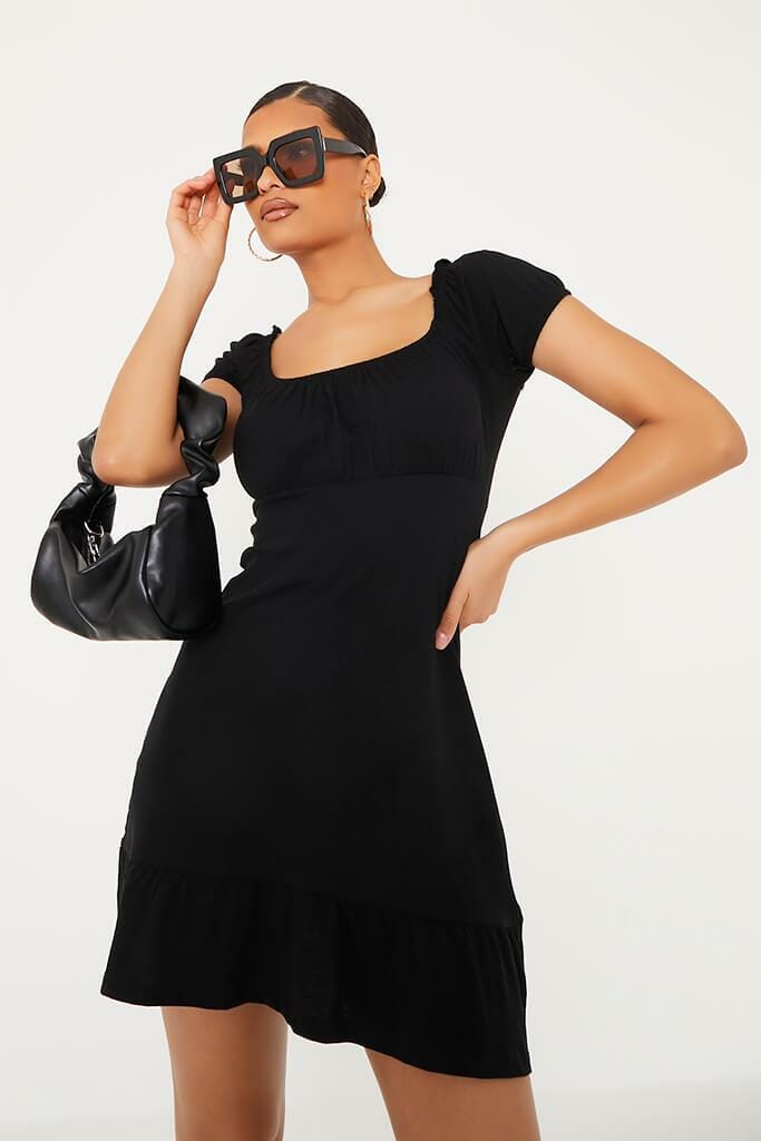Black Puff Sleeve Frill Hem Milk Maid Skater Dress - XS / BLACK