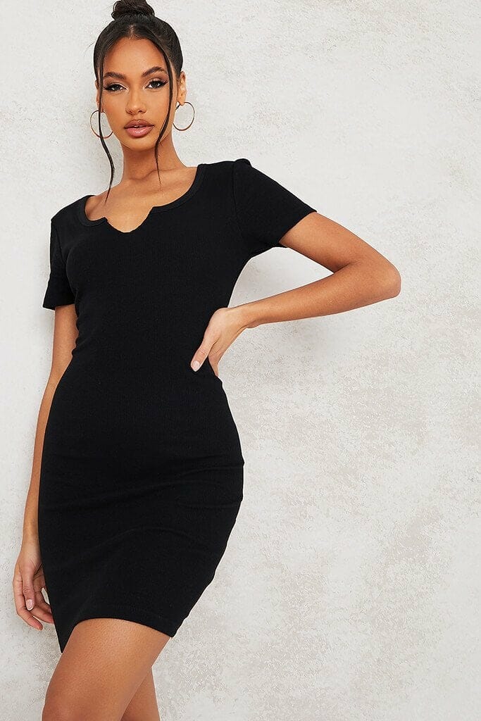 Black Short Sleeve Notch Front Mini Dress - XS / BLACK