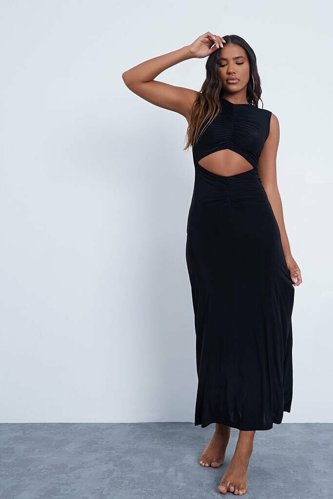 Black Slinky Ruched Cut Out Maxi Dress - 4 / BLACK