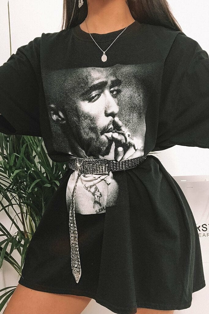 Black Tupac Print T-Shirt Dress - S/M / BLACK