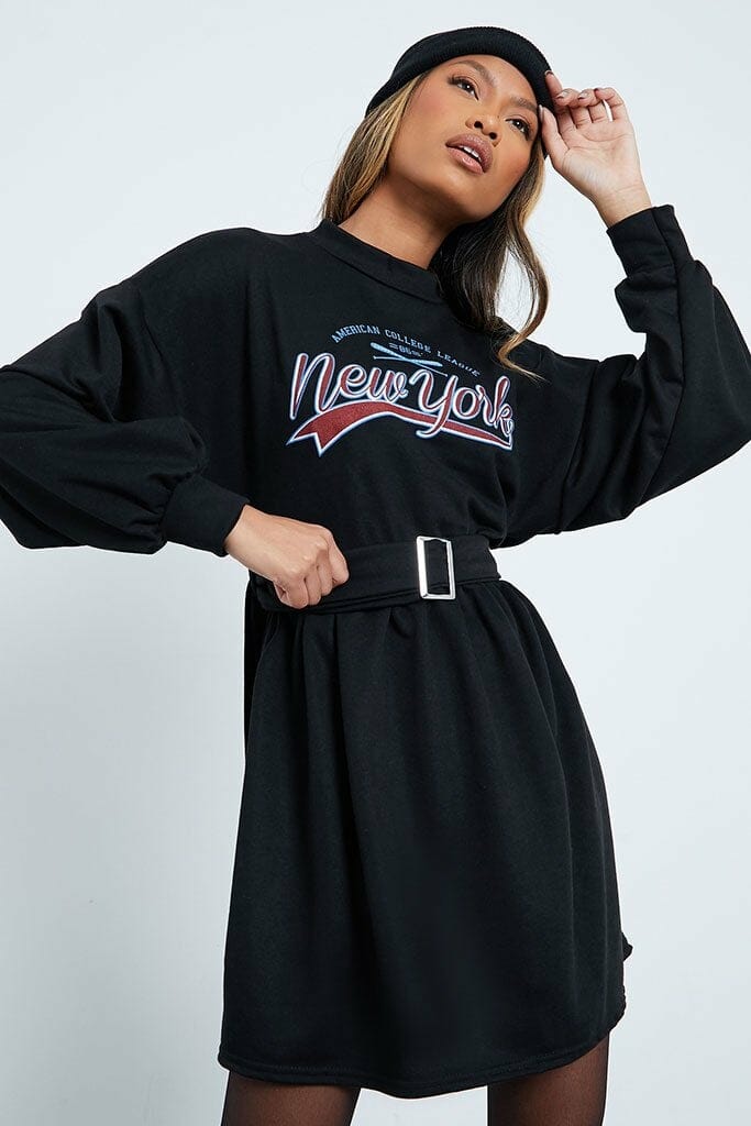 Black Varsity New York Print Loopback Belted Skater Sweater Dress - 6 / BLACK