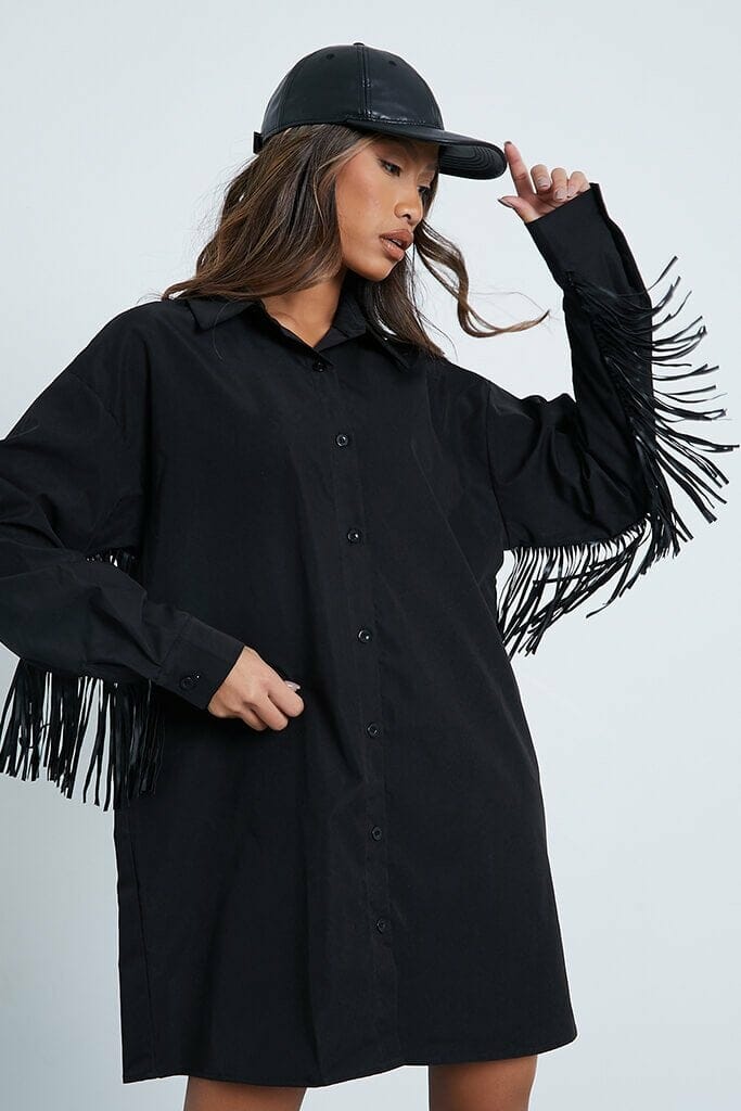 Black Woven Fringe Sleeve Detail Shirt Dress - 4 / BLACK