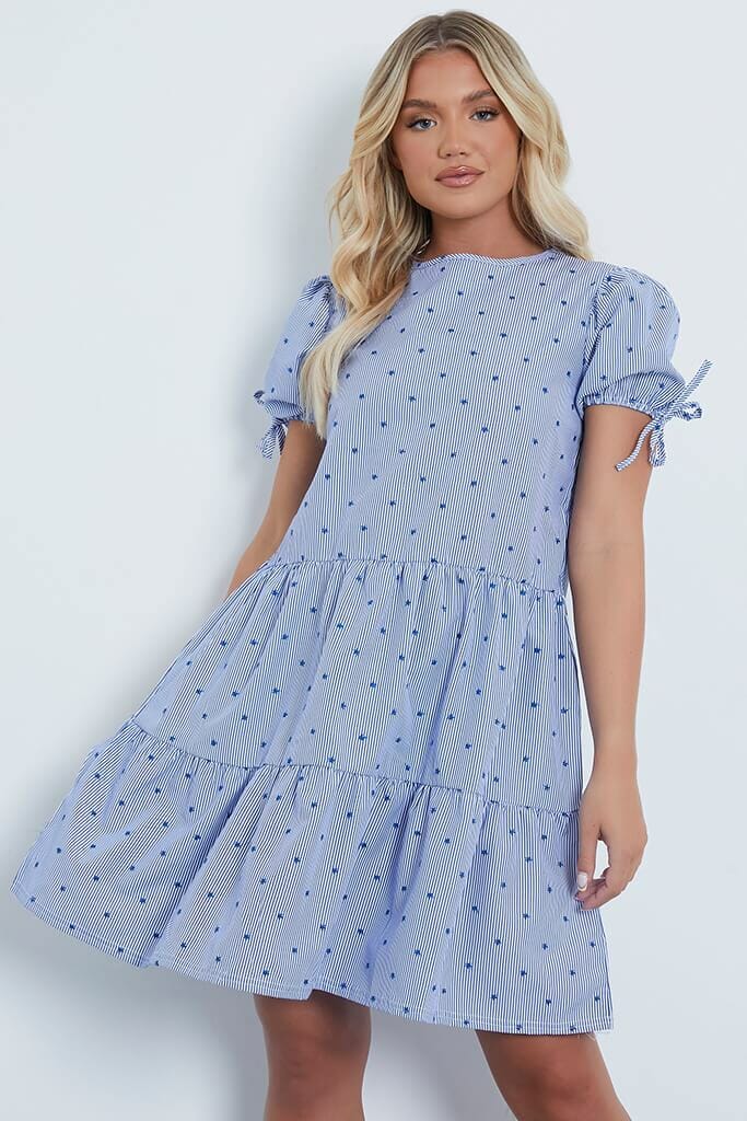 Blue Cotton Stripe Embroided Frill Detail Smock Dress - 4 / BLUE