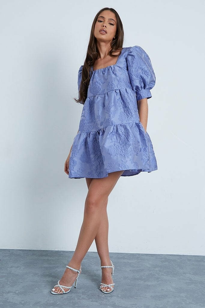 Blue Jaquard Square Neck Puff Sleeve Tiered Smock Dress - 4 / BLUE