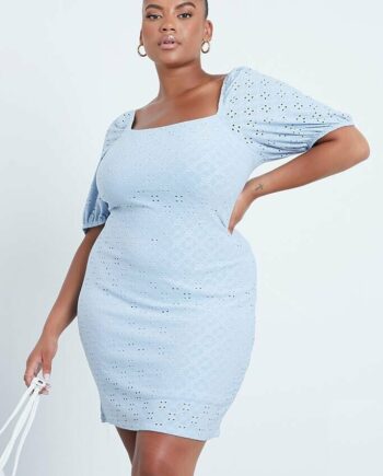 Blue Plus Size Broderie Square Neck Mini Dress - 18 / BLUE