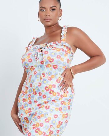 Blue Plus Size Ditsy Floral Print Jersey Frill Dress - 18 / BLUE