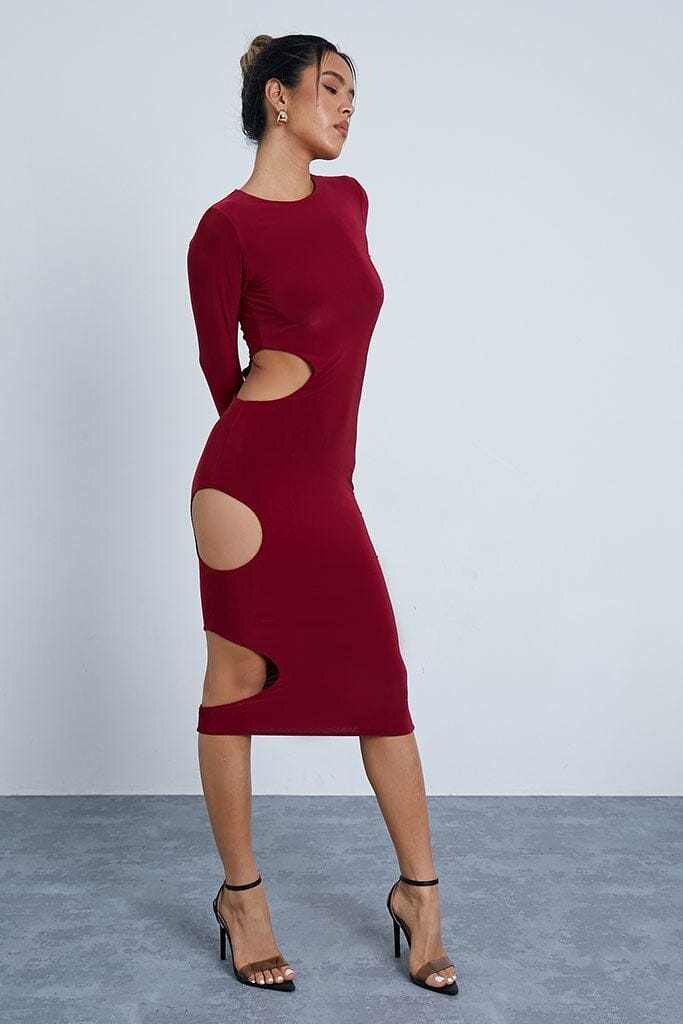 Burgundy Double Layer Slinky Long Sleeve Cut Out Midaxi Dress - 4 / RED