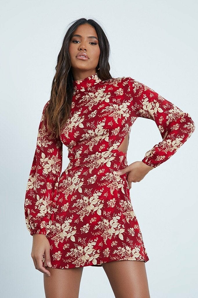 Burgundy Woven Floral High Neck Cut Out Side Long Sleeve Skater Dress - 6 / RED