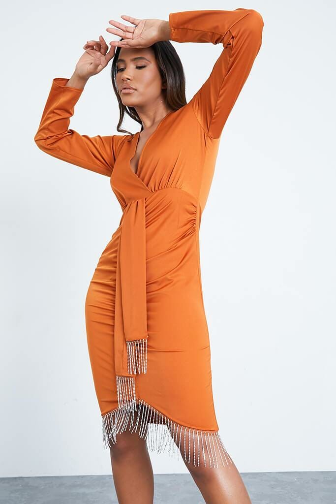 Burnt Orange Woven Wrap Front Fringe Detail Long Sleeve Midi Dress - 4 / ORANGE