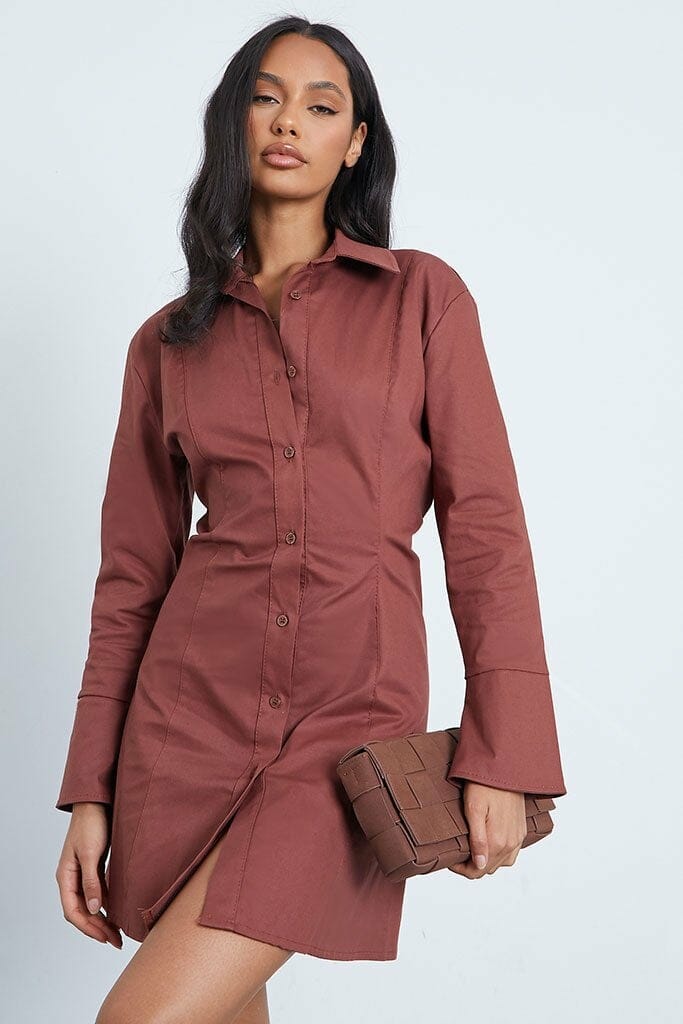 Chocolate Premium Stretch Cotton Fitted Shirt Dress - 4 / BROWN
