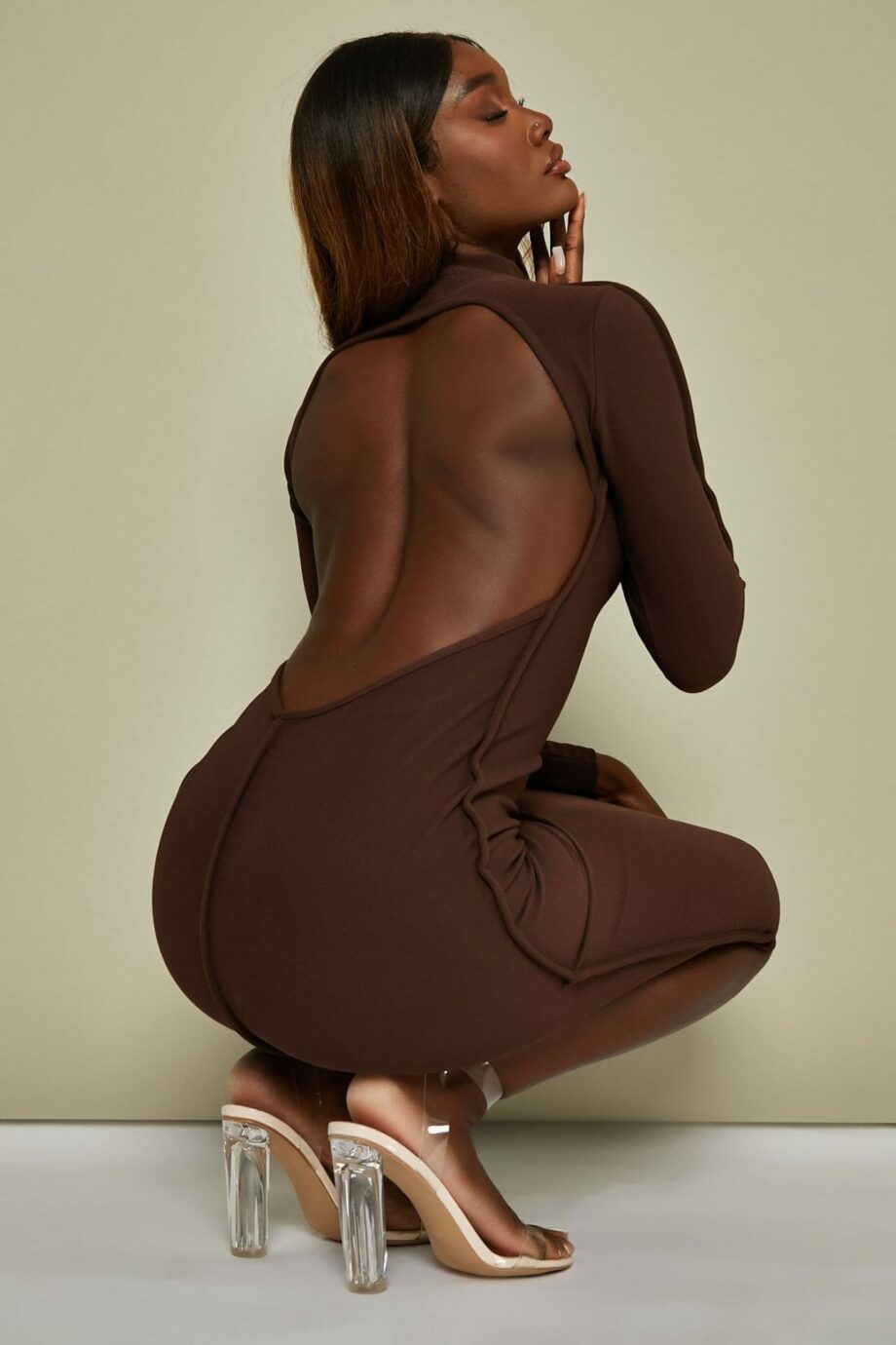 Chocolate Rib High Neck Backless Midi Dress - 6 / BROWN