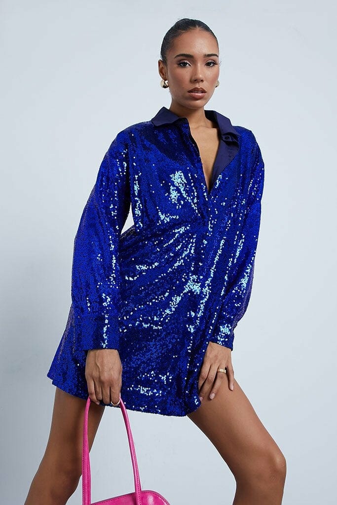 Cobalt Blue Sequin Oversized Shirt Dress - 4 / BLUE