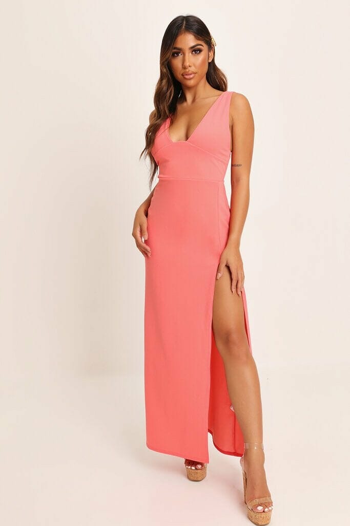 Coral Plunge Front Maxi Prom Dress - 6 / RED