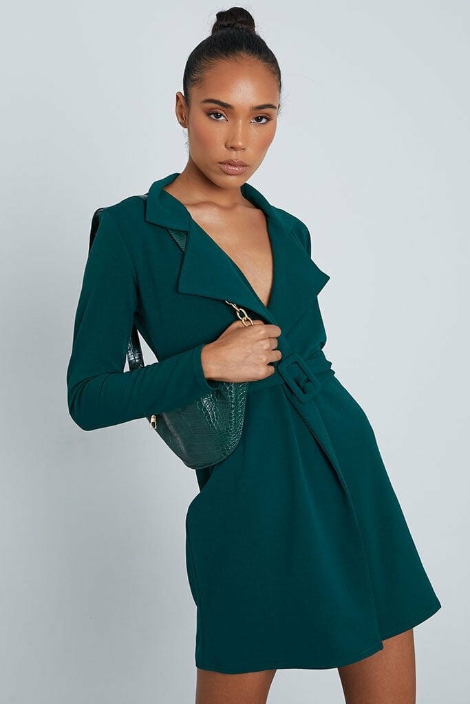 Emerald Green Blazer Dress With Self Covered Belt - 4 / GREEN