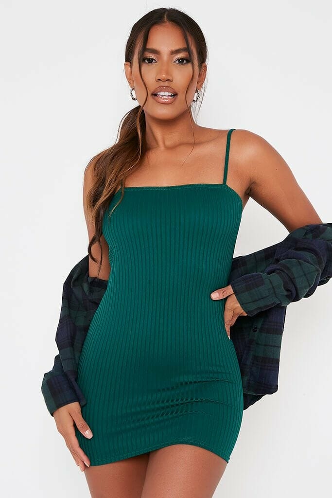 Forest Green Ribbed Square Neck Cami Bodycon Dress - 4 / GREEN