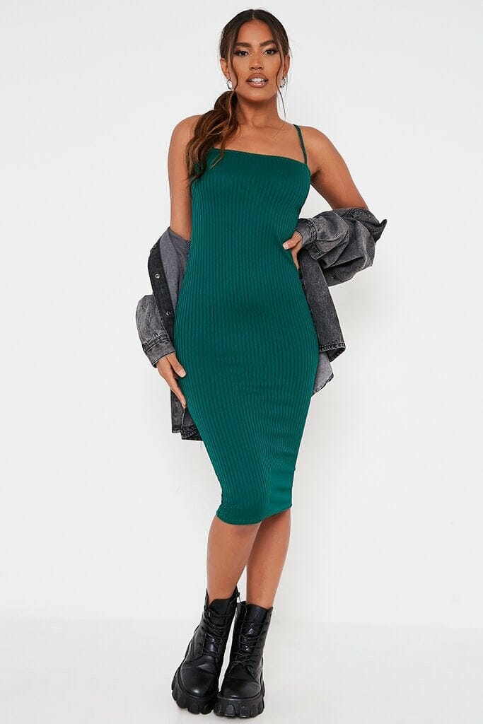 Forest Green Ribbed Square Neck Cami Midi Dress - 4 / GREEN