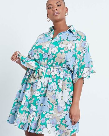 Green Plus Size Printed Shirt Dress With Short Frill Sleeves - 18 / GREEN