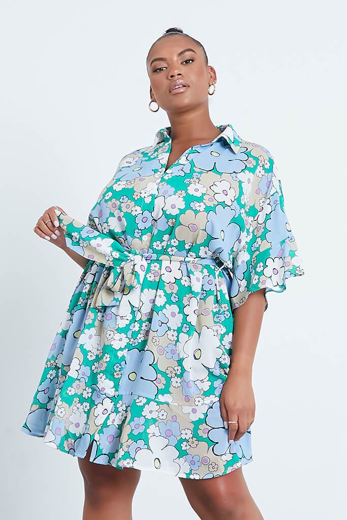 Green Plus Size Printed Shirt Dress With Short Frill Sleeves - 18 / GREEN