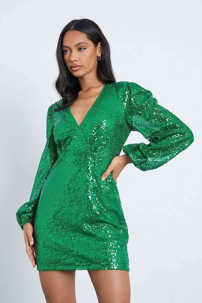 Green Sequin Balloon Sleeve Plunge Bodycon Dress - 4 / GREEN