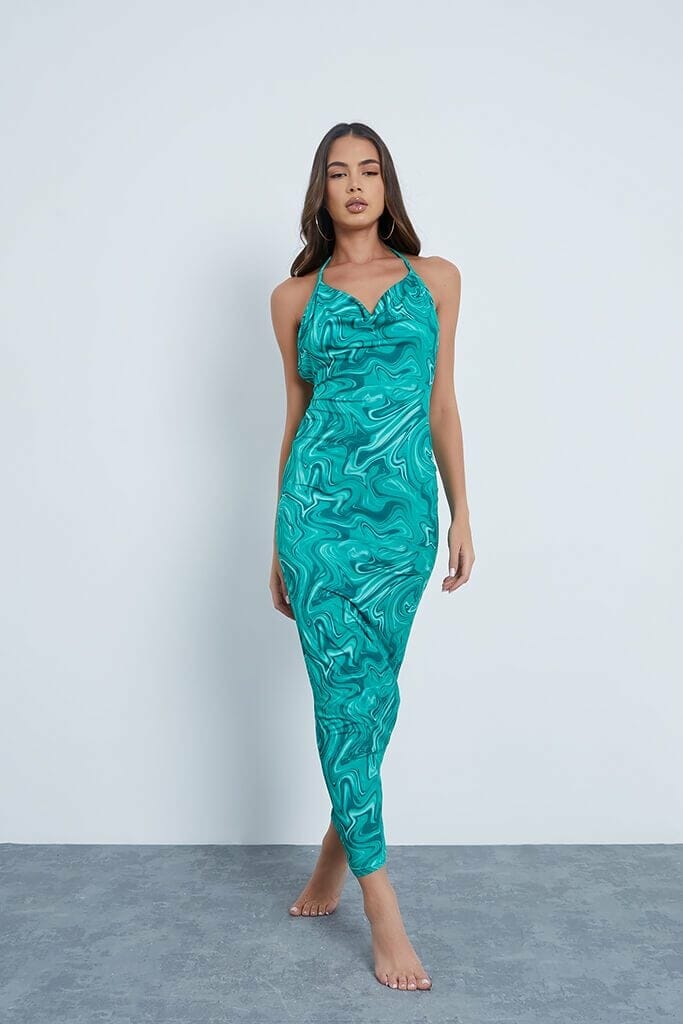 Green Slinky Marble Print Halterneck Cowl Neck Maxi Dress - 4 / GREEN